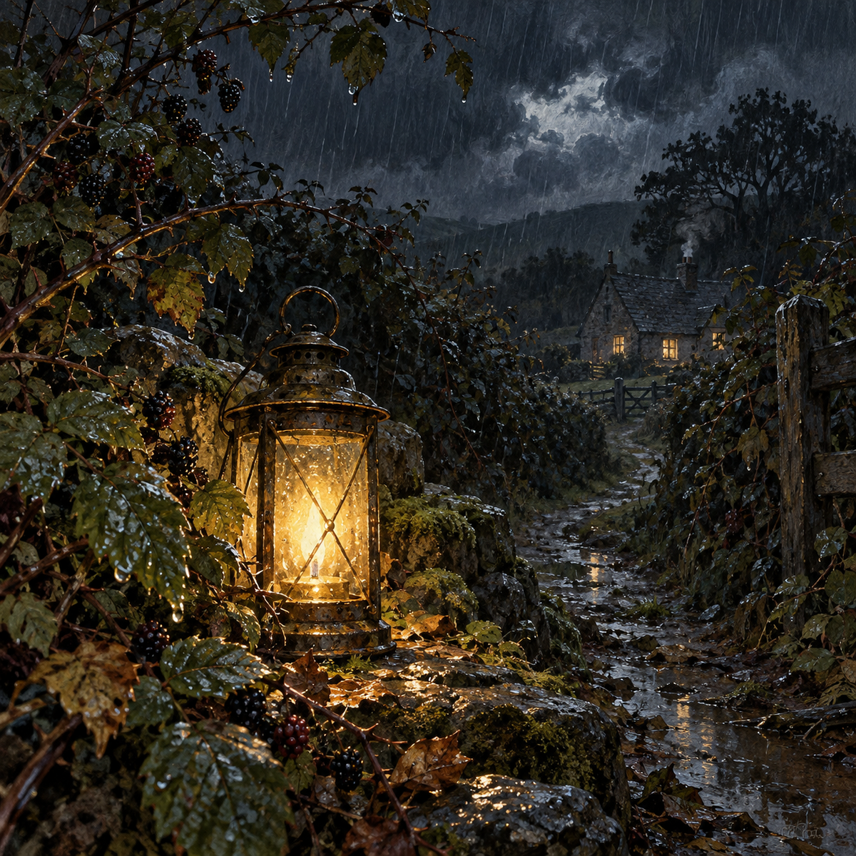 Bramble Wick — The Lantern That Wouldn't Go Out. Cover: a single lit lantern burning in a window through a storm.