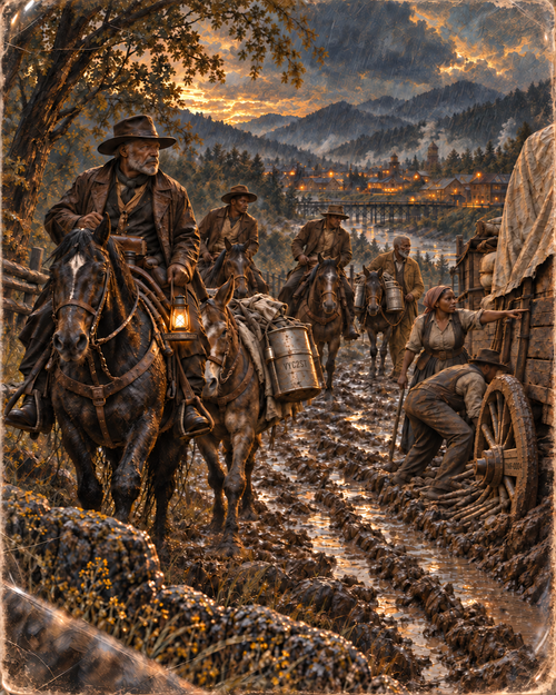 Trail Boss Isaiah Booker leads the party toward town at dusk; Unkle Seezin follows with a mule carrying grain tins while Freight Woman 01 and Wagon Hand 01 tend a stalled wagon.